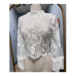 INA Lace Crop Top Womens Medium White Excellent Bell Sleeve Mock Neck Zip Back